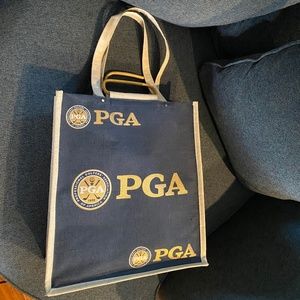 PGA Burlap Tote Bag with Bamboo & Shoulder Handles 1916 Golf Logo Gold & Navy